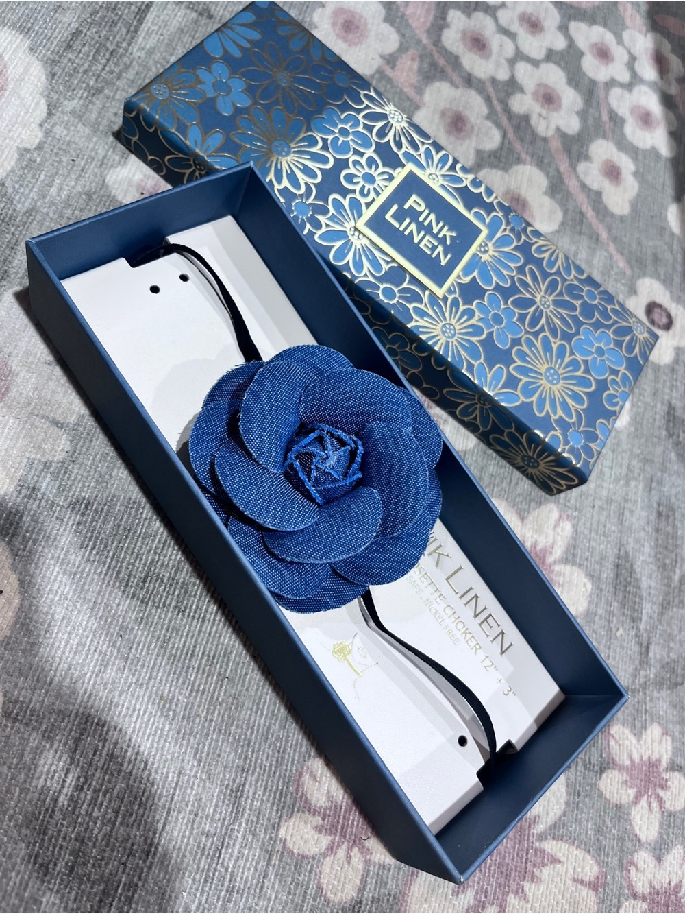 Pink Linen Handmade Blue Rosette Choker Necklace 12” + 3” New in Gift Box